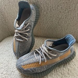 Yeezy Boost Style Light Blue Gray with Yellow Stripe Sneakers